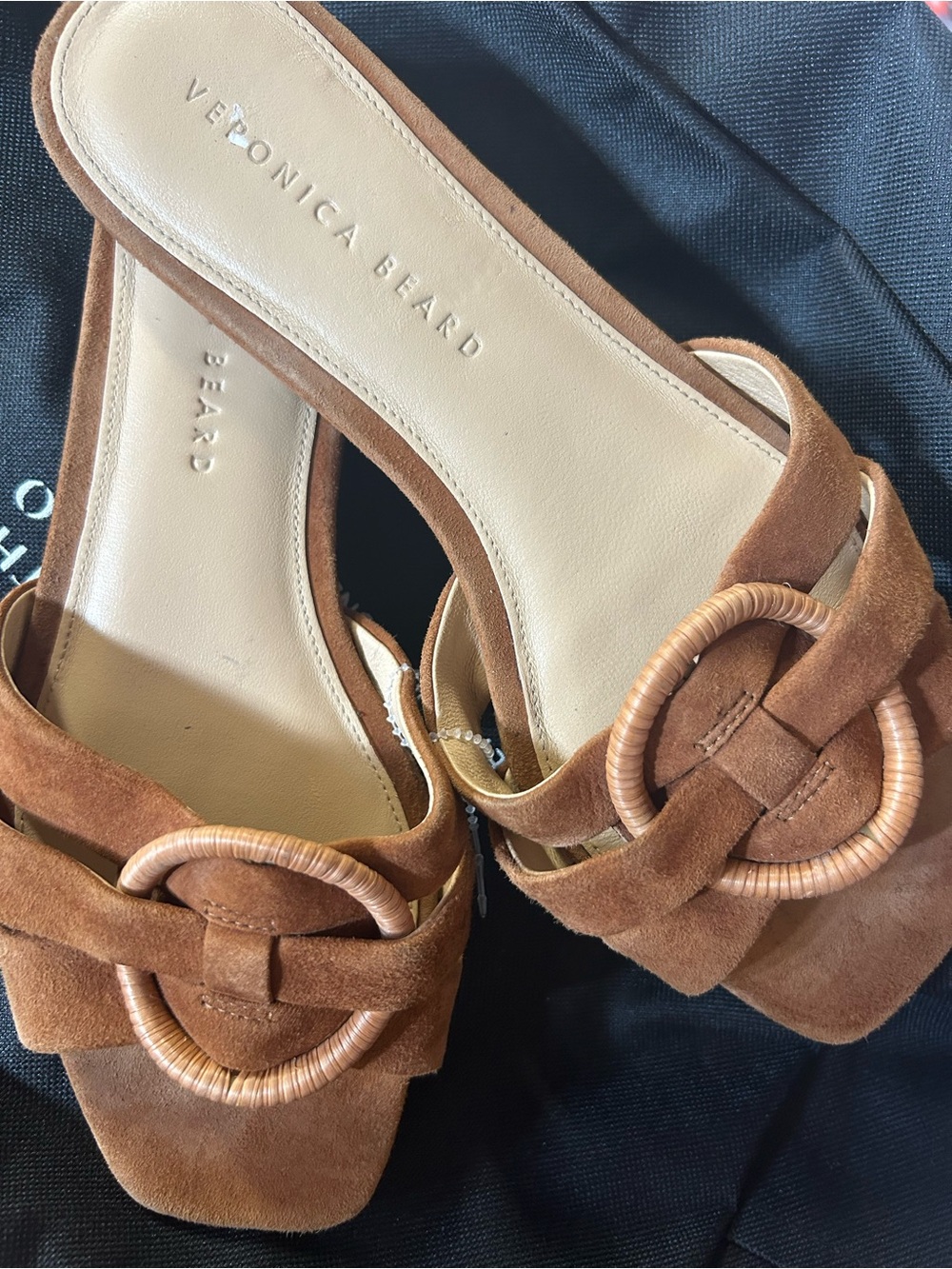 Veronica Beard Cognac Suede Slide Mules with Woven Ring